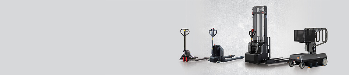Collection of Raymond Basics material handling equipment including pallet jacks and stackers.