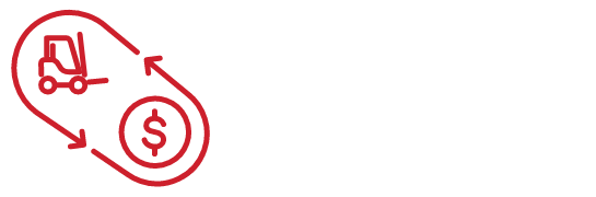 Icon: Forklift next to a circle with dollar sign inside. Lines with arrows are cycling around both.