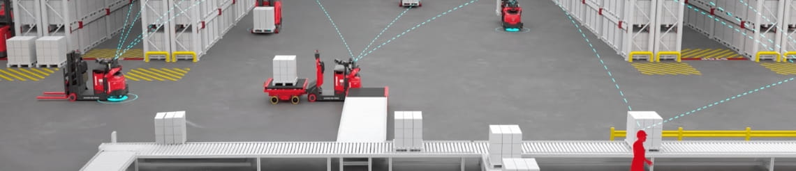 Illustrated Raymond automated courier carrying a pallet driving next to a conveyor with pallets on it. Other automated forklifts running in the background next to racking. Blue dotted lines connect the forklifts.