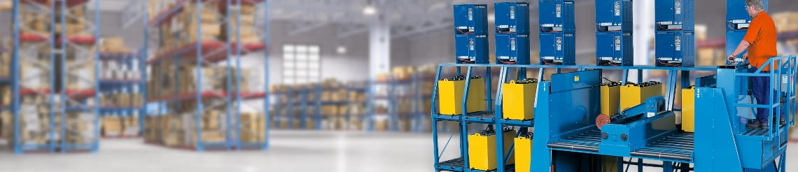 Man working a semi-automated forklift battery handling system in a warehouse. Extractor placing spent batteries onto shelves to re-charger on battery chargers.