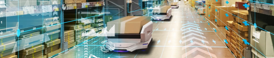 Autonomous robots moving through a warehouse racking aisle with data graphics overlaid on top.