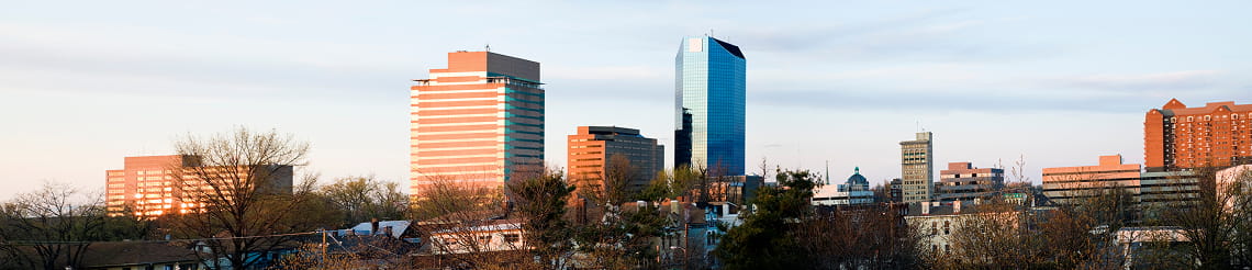 View of Lexington, KY skyline featuring skyscraper buildings and trees.