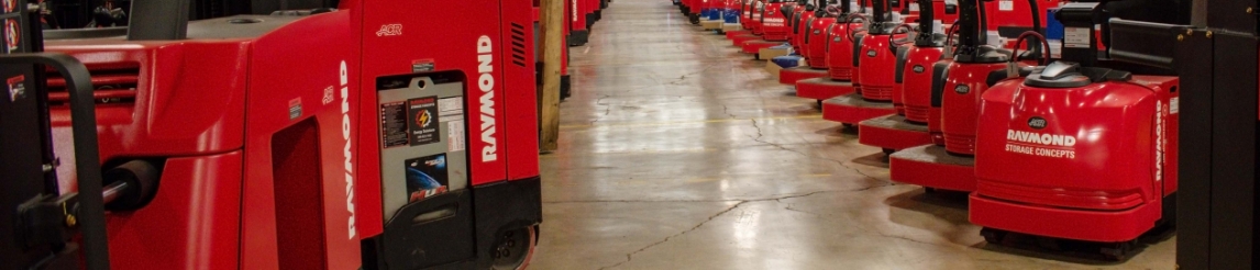 Raymond Storage Concepts rental inventory at Columbus, OH location. Rows of Raymond counterbalance forklifts and rider walkies.