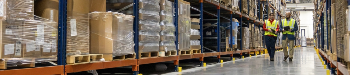 RSC sales engineer and customer, both in safety vests, talking and walking down a warehouse aisle with pallet-filled racking.