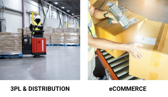 3PL & Distribution: Forklift operator unloading a pallet from a ride-on electric pallet jack, in a warehouse staging area. eCommerce: Worker in a safety vest scanning shipping parcel label on a conveyor.