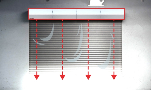 Air curtain with graphics to illustrate air flow and how it can be blocked on a dock door.