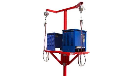 Red BHS battery charger stand with cable management cords.