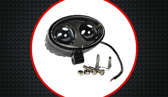 Forklift safety accessory, blue light, within a white circle on black background.