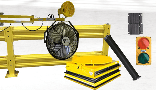 A collage of yellow safety guard rails, dock fans, dock lights and padding.