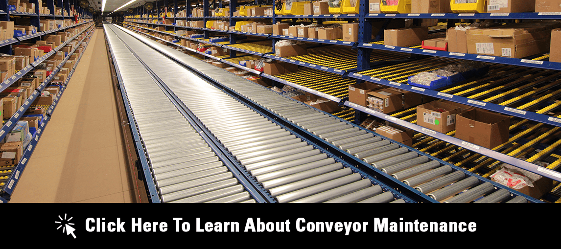 Click Here to Learn about Conveyor Maintenance. Conveyors going down an aisle with boxes in racking on either side. 