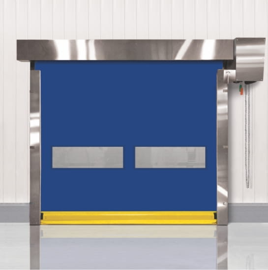 Blue and yellow high-speed vinyl door with two windows in the door inside a warehouse.
