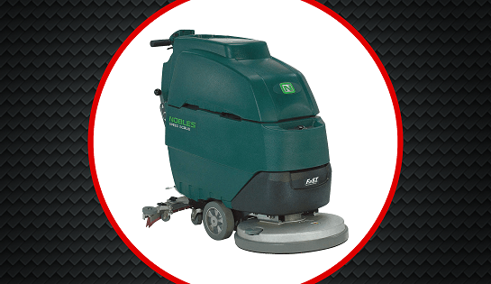 Dark teal floor cleaning scrubber in a white circle.
