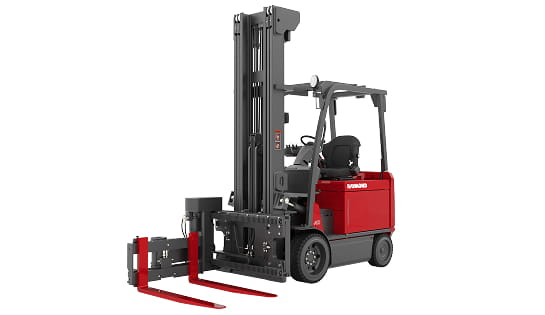 Raymond counterbalanced forklift with a turret master attachment