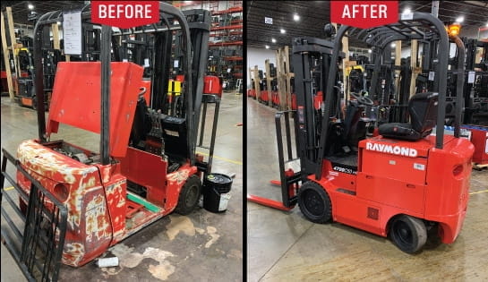 A before and after comparison of an old forklift and a Renewed refurbish forklift. On the left (Before) is disassembled forklift with paint coming off. On the right (After) is a like new looking refurbished Raymond forklift.