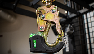 Industrial hook for safety harness tether for forklifts.