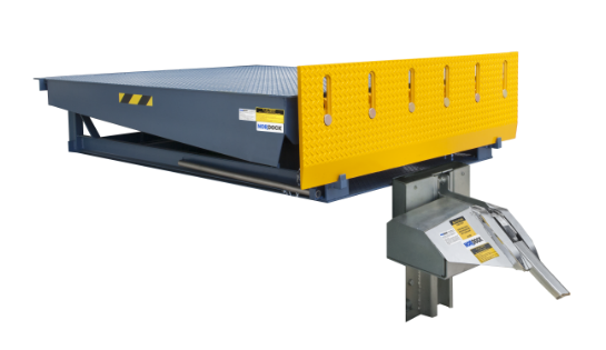 Gray and yellow hydraulic dock leveler