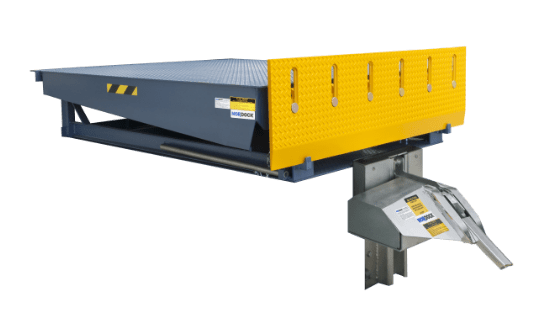 Gray and yellow hydraulic dock leveler