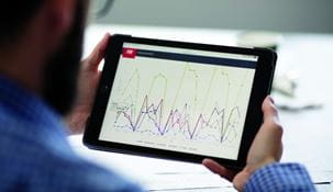 Man looking at iWAREHOUSE dashboard reports on tablet.
