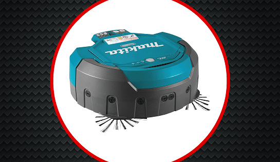 Teal cordless Makita robotic vacuum inside a white circle.