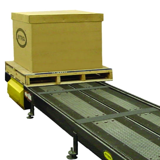 A Hytrol linear pallet handling conveyor with pallet and carton.