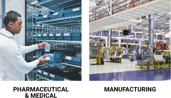Pharmaceutical & Medical: Male worker in lab coat picking medication from a bin inside an automated horizontal carousel. Manufacturing: Warehouse floor with various automobile parts moving through assembly line.