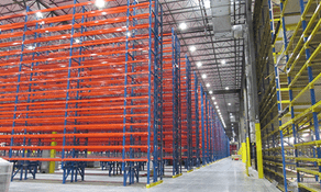 Red and blue pick module filling a warehouse.