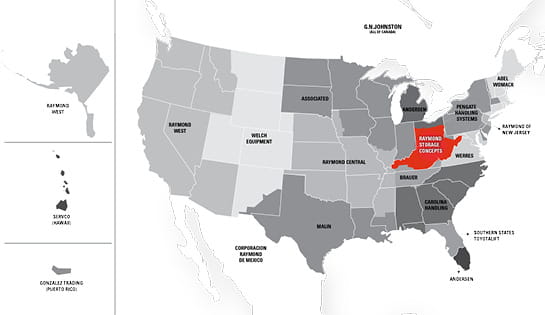 North American map outlining the Raymond dealership territories. Raymond Storage Concepts highlighted in red covering Ohio, Kentucky, Southeastern Indiana and West Virginia in the US.