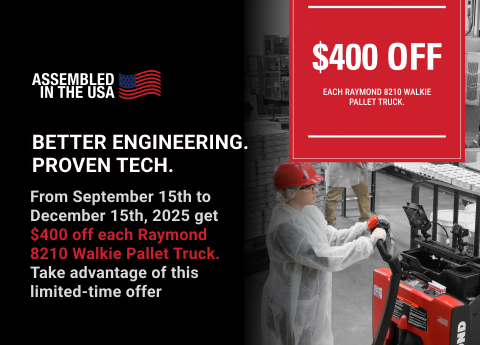 Warehouse worker in full PPE coveralls pushing a Raymond forklift. Assembled in the USA. Better engineering. Proven Tech. Get $400 off each Raymond 8210 Walkie Pallet Truck. Take advantage of this limited-time offer.