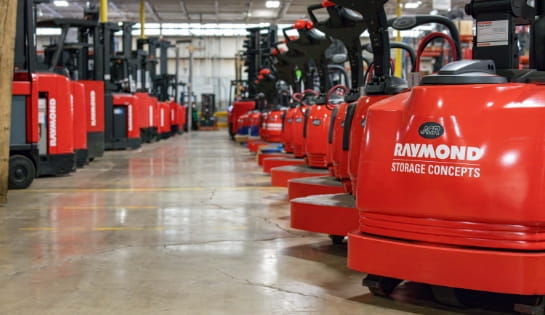 Raymond Storage Concepts rental inventory at Columbus, OH location. Rows of Raymond counterbalance forklifts and rider walkies.