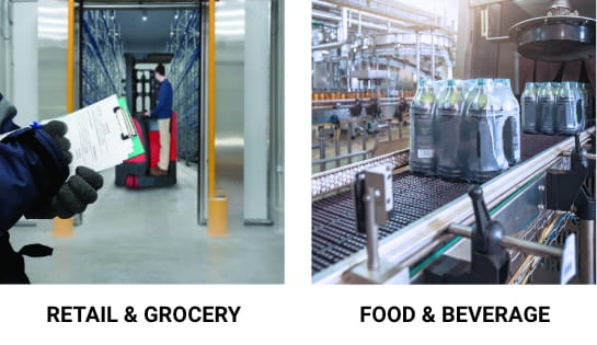 Retail & Grocery: Worker with clipboard and checklist observing another worker on a forklift driving into a refrigerated warehouse room in a grocery distribution center. Food & Beverage: Conveyor belts moving shrink-wrapped beverage bottles through a factory.