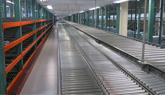 View of a roller conveyor in a pick module level at an Central Ohio retailer.