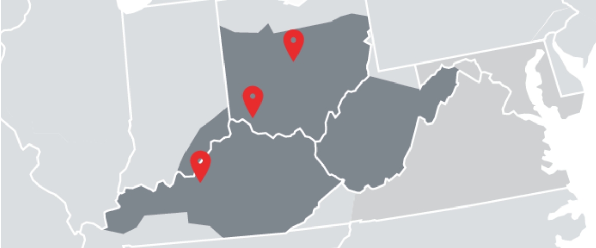 Map focused on a most of Ohio, Kentucky, southeast Indiana and West Virginia in dark gray while the rest of the midwest map is in light gray. Three location marks pointing out RSC's branches: Cincinnati, OH; Columbus, OH and Louisville, KY.