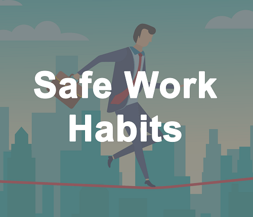 Safe Work Habits. Business man holding a briefcase walking on a tightrope. City skyline in background.