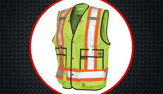 Yellow and orange reflective safety vest with pockets in white circle.