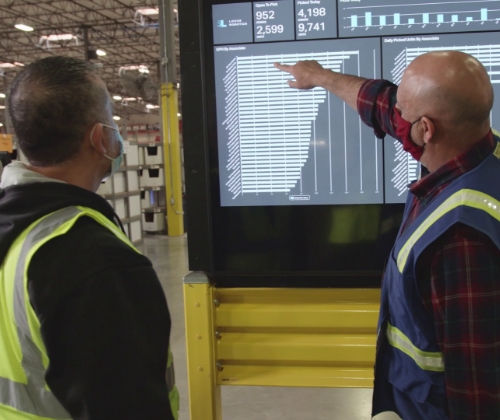 Two men in safety vests reviewing a KPI monitor board of warehouse activity. One man is pointing a specific part of the board.