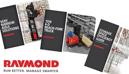 Three Raymond lift truck brochures with Raymond logo.