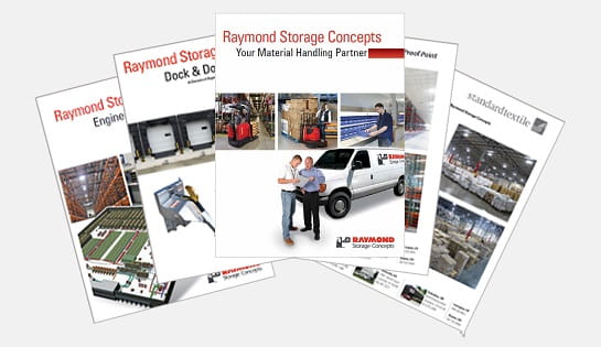 Several Raymond Storage Concept brochures fanned out on a gray background.