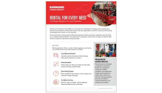 Thumbnail of Raymond Storage Concepts' Forklift & Equipment Rental overview sell sheet.